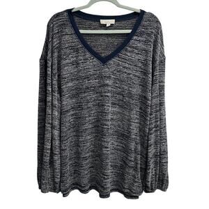 Weekends Suzanne Betro Navy Heather V Neck Long Sleeve Ruffle Top Size XL